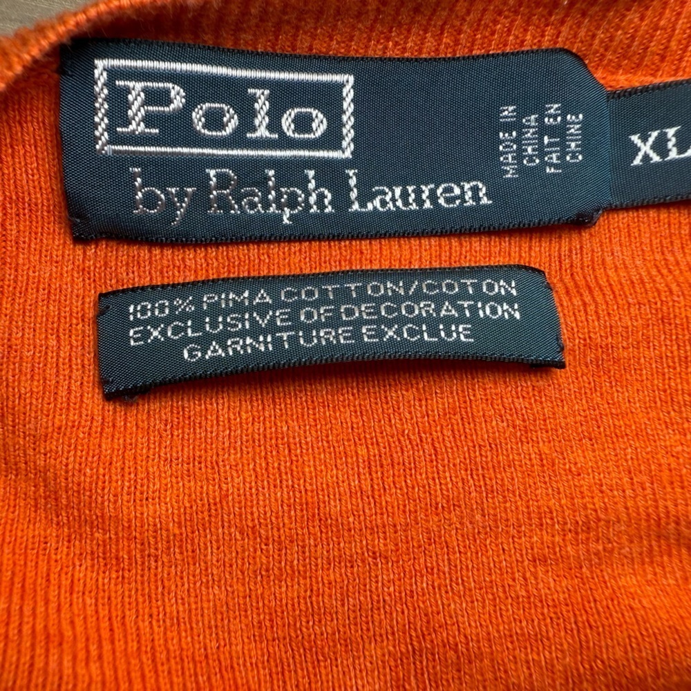 Polo Ralph Lauren Sweater Men's XL 100% Pima Cotton Orange Blue Pony V-Neck EUC - Picture 9 of 9